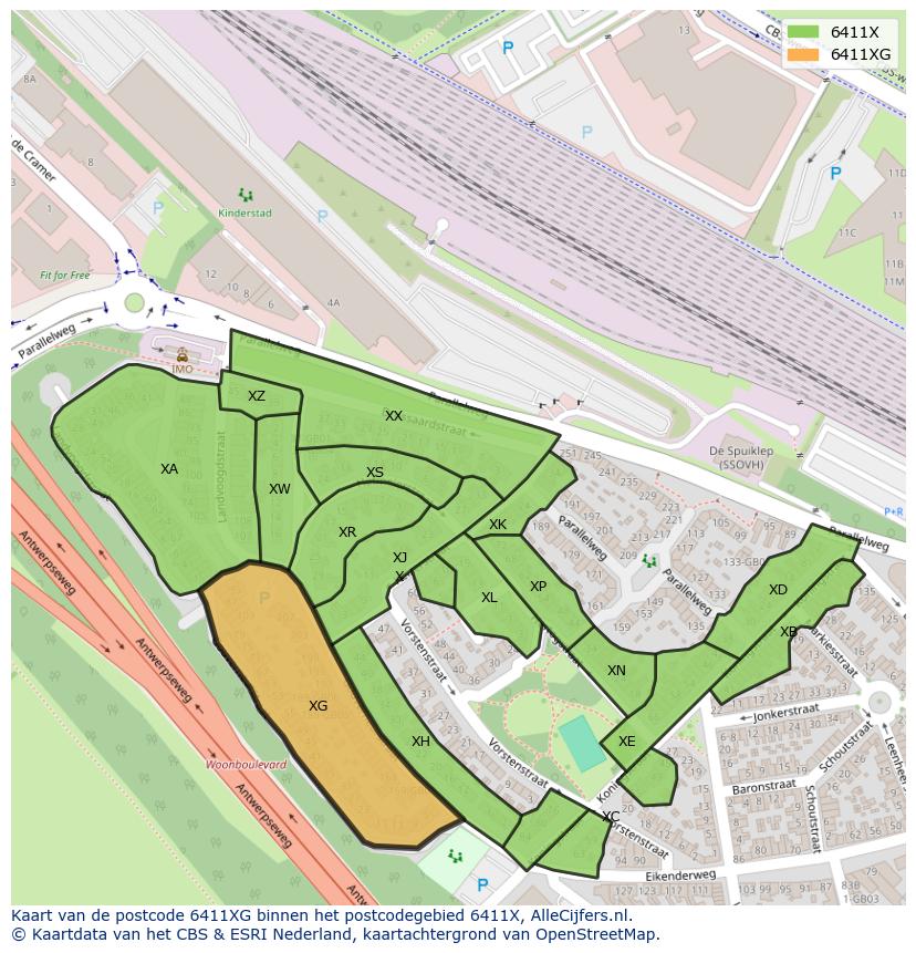 Afbeelding van het postcodegebied 6411 XG op de kaart.