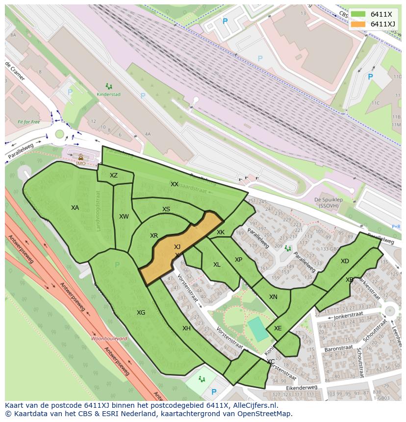 Afbeelding van het postcodegebied 6411 XJ op de kaart.