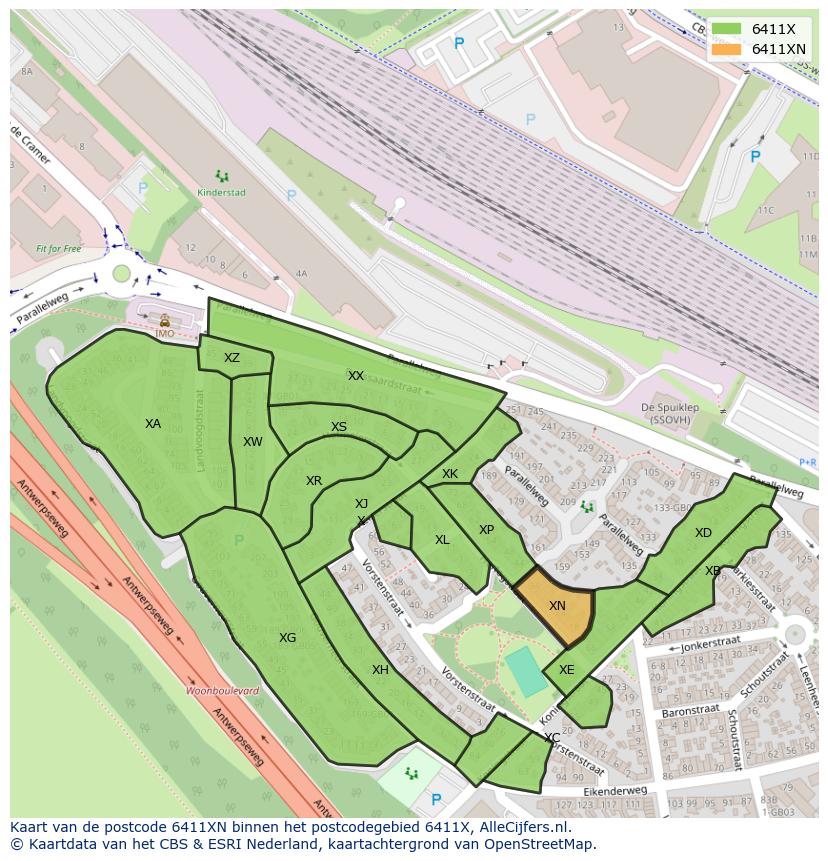 Afbeelding van het postcodegebied 6411 XN op de kaart.