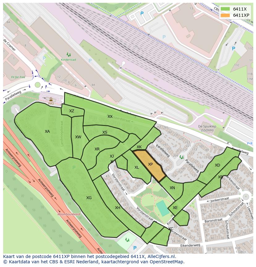 Afbeelding van het postcodegebied 6411 XP op de kaart.