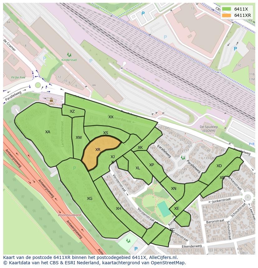 Afbeelding van het postcodegebied 6411 XR op de kaart.