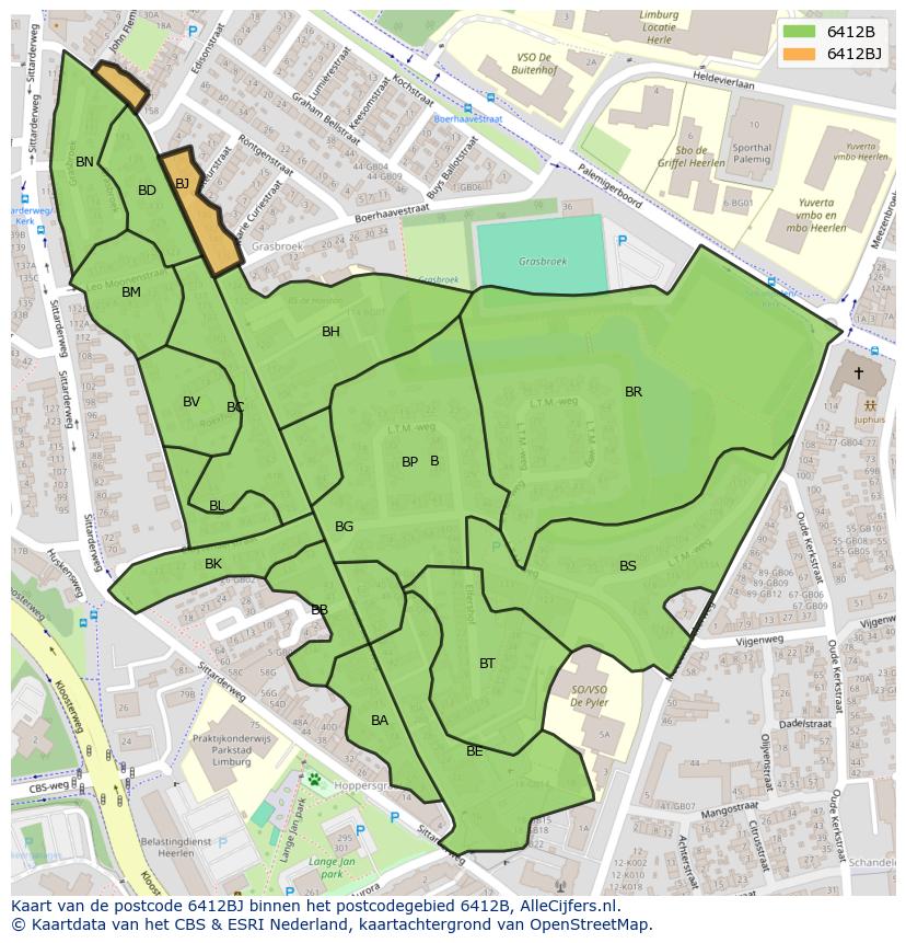Afbeelding van het postcodegebied 6412 BJ op de kaart.