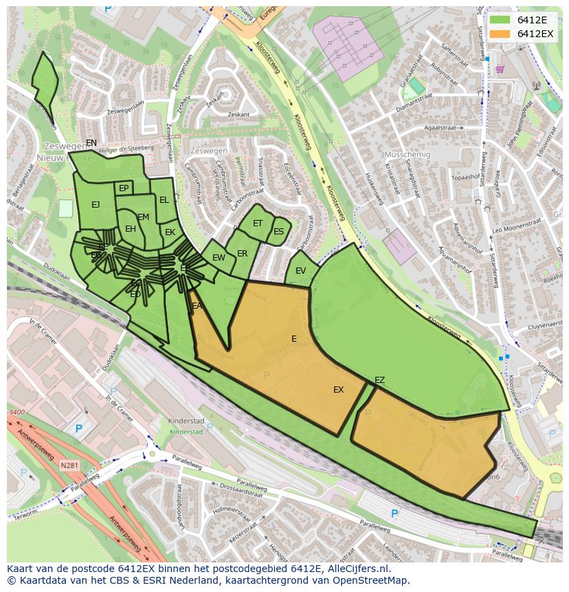 Afbeelding van het postcodegebied 6412 EX op de kaart.