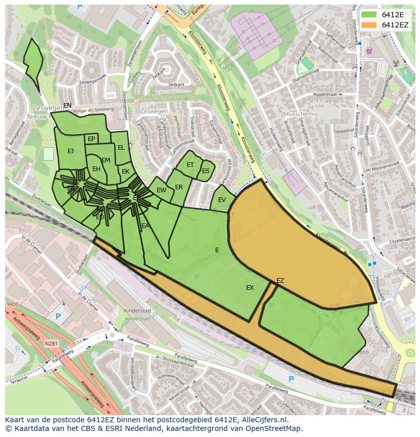 Afbeelding van het postcodegebied 6412 EZ op de kaart.