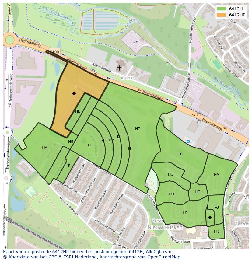 Afbeelding van het postcodegebied 6412 HP op de kaart.