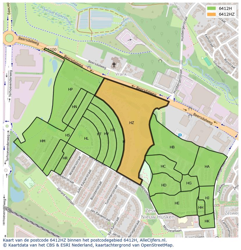 Afbeelding van het postcodegebied 6412 HZ op de kaart.