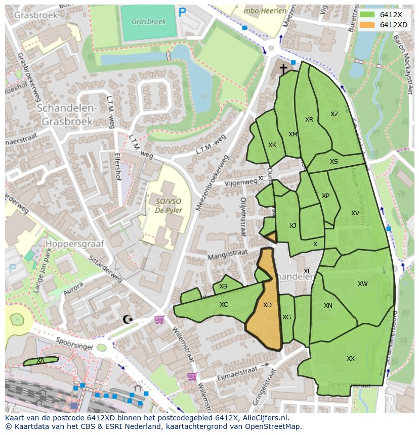 Afbeelding van het postcodegebied 6412 XD op de kaart.