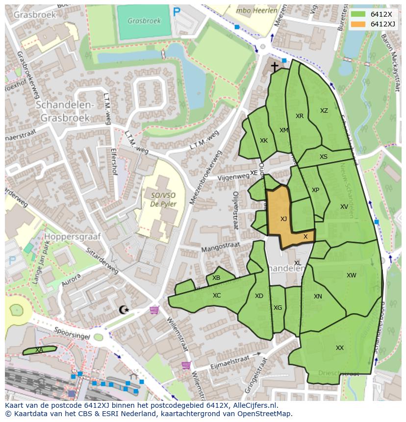 Afbeelding van het postcodegebied 6412 XJ op de kaart.