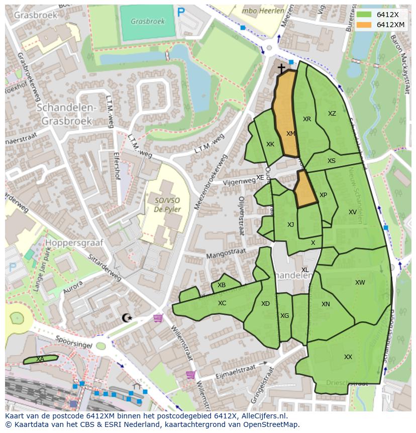 Afbeelding van het postcodegebied 6412 XM op de kaart.