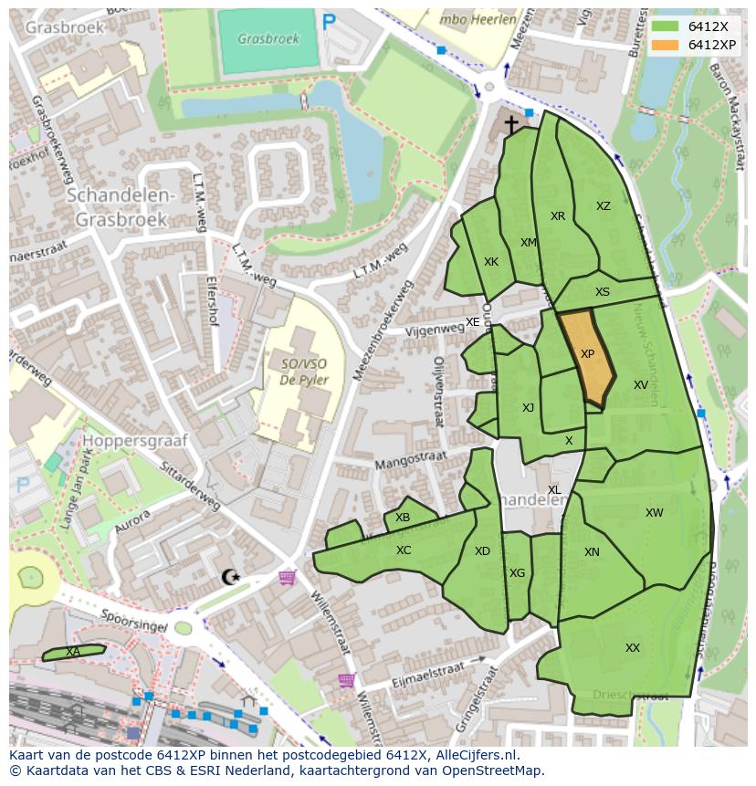 Afbeelding van het postcodegebied 6412 XP op de kaart.