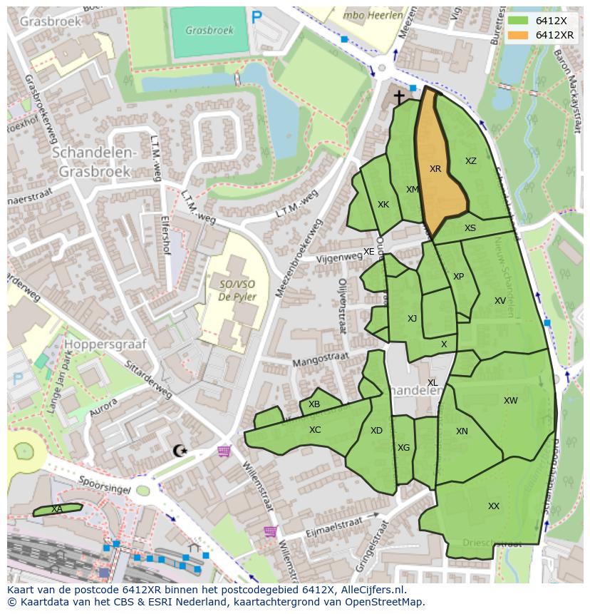 Afbeelding van het postcodegebied 6412 XR op de kaart.