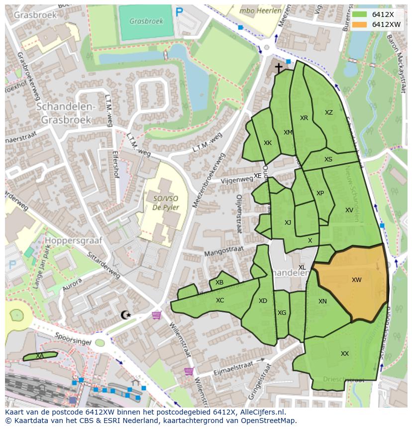 Afbeelding van het postcodegebied 6412 XW op de kaart.