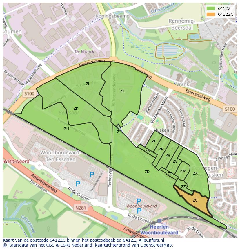 Afbeelding van het postcodegebied 6412 ZC op de kaart.