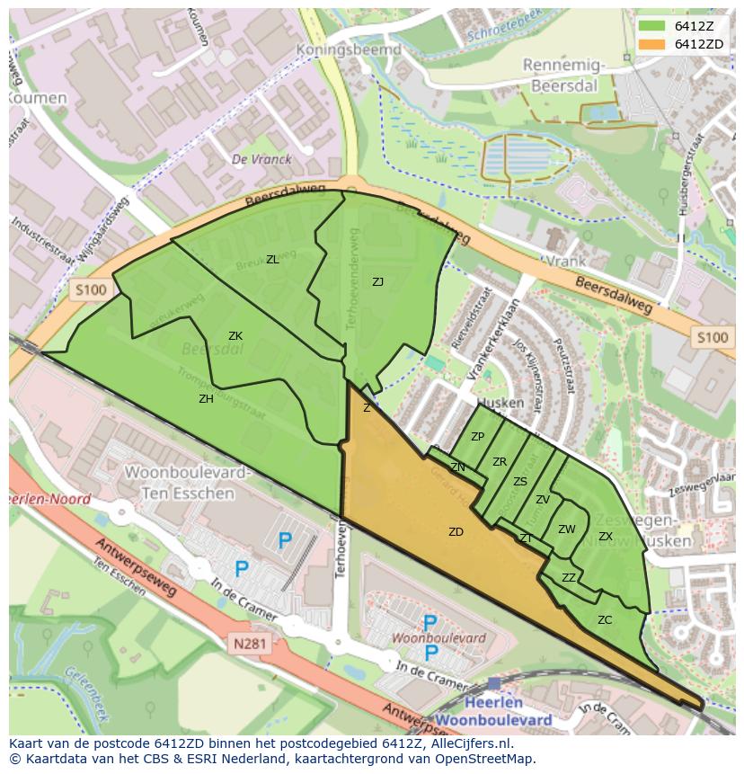Afbeelding van het postcodegebied 6412 ZD op de kaart.