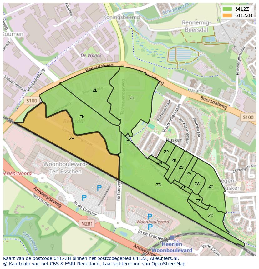 Afbeelding van het postcodegebied 6412 ZH op de kaart.