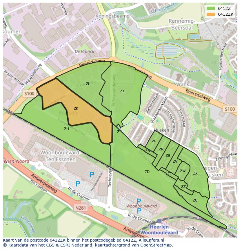 Afbeelding van het postcodegebied 6412 ZK op de kaart.