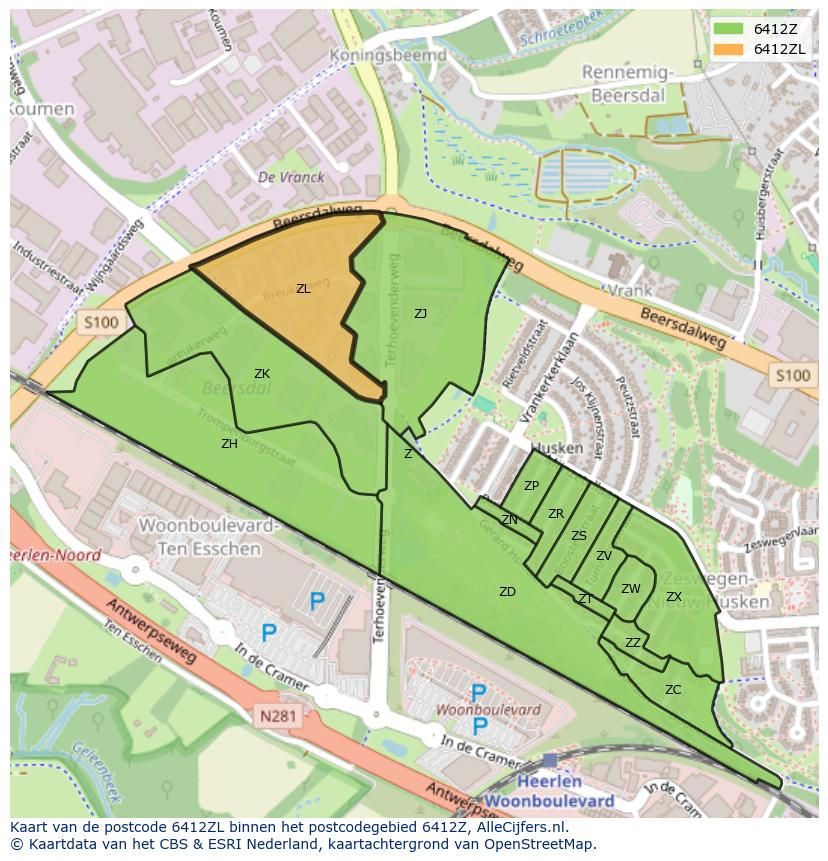 Afbeelding van het postcodegebied 6412 ZL op de kaart.