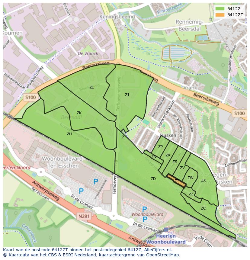 Afbeelding van het postcodegebied 6412 ZT op de kaart.