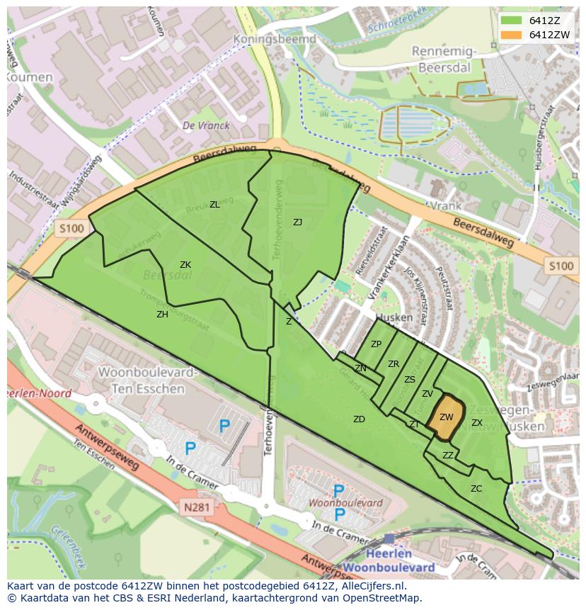 Afbeelding van het postcodegebied 6412 ZW op de kaart.