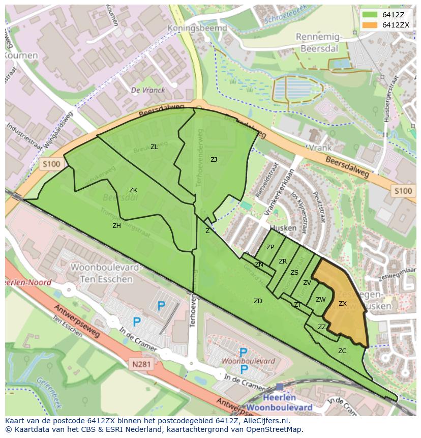 Afbeelding van het postcodegebied 6412 ZX op de kaart.