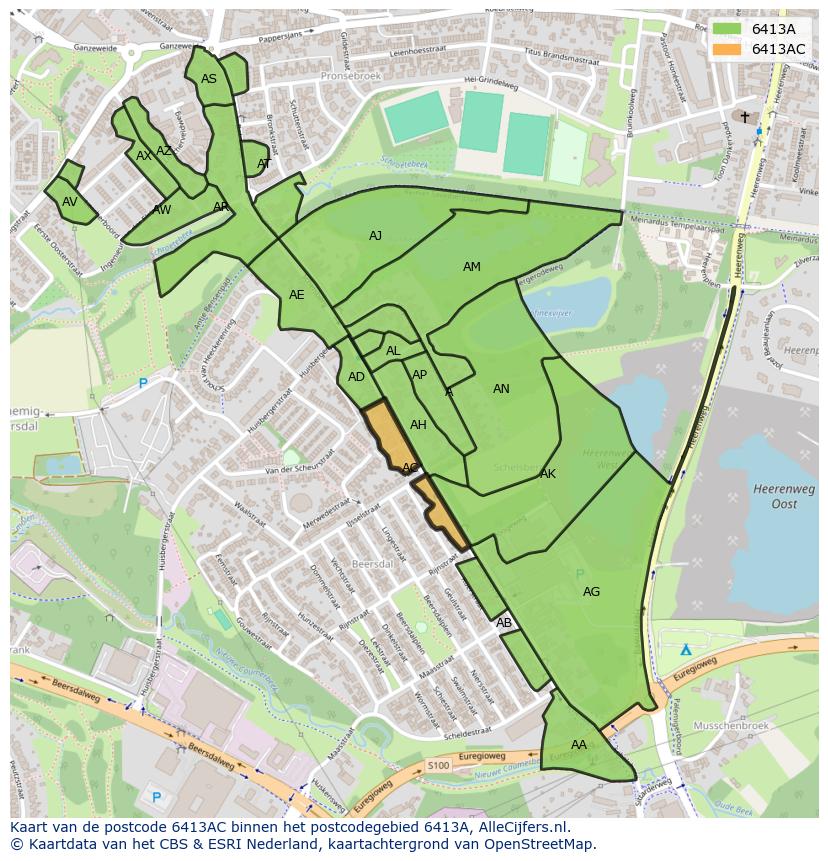 Afbeelding van het postcodegebied 6413 AC op de kaart.