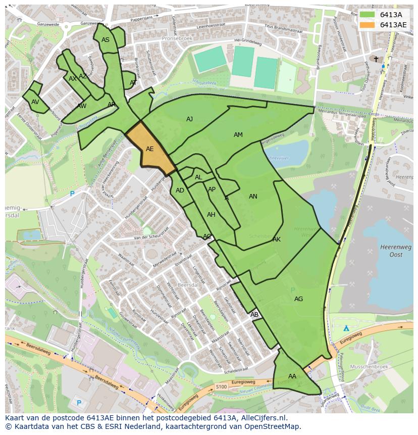 Afbeelding van het postcodegebied 6413 AE op de kaart.