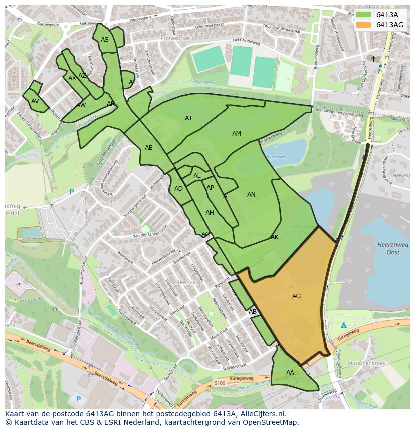 Afbeelding van het postcodegebied 6413 AG op de kaart.