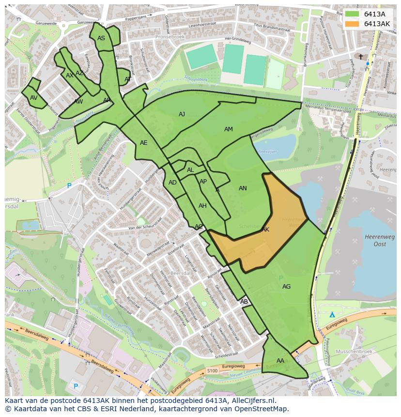 Afbeelding van het postcodegebied 6413 AK op de kaart.