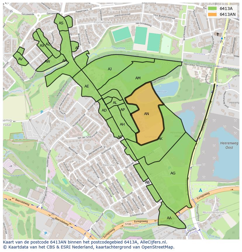 Afbeelding van het postcodegebied 6413 AN op de kaart.