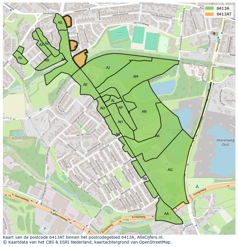 Afbeelding van het postcodegebied 6413 AT op de kaart.