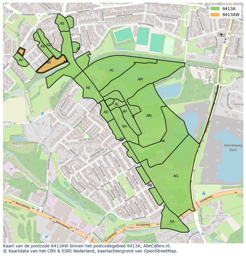 Afbeelding van het postcodegebied 6413 AW op de kaart.