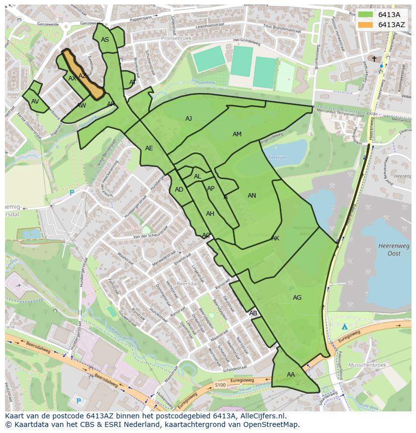 Afbeelding van het postcodegebied 6413 AZ op de kaart.