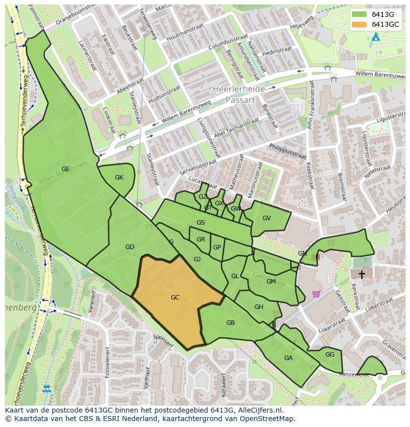 Afbeelding van het postcodegebied 6413 GC op de kaart.