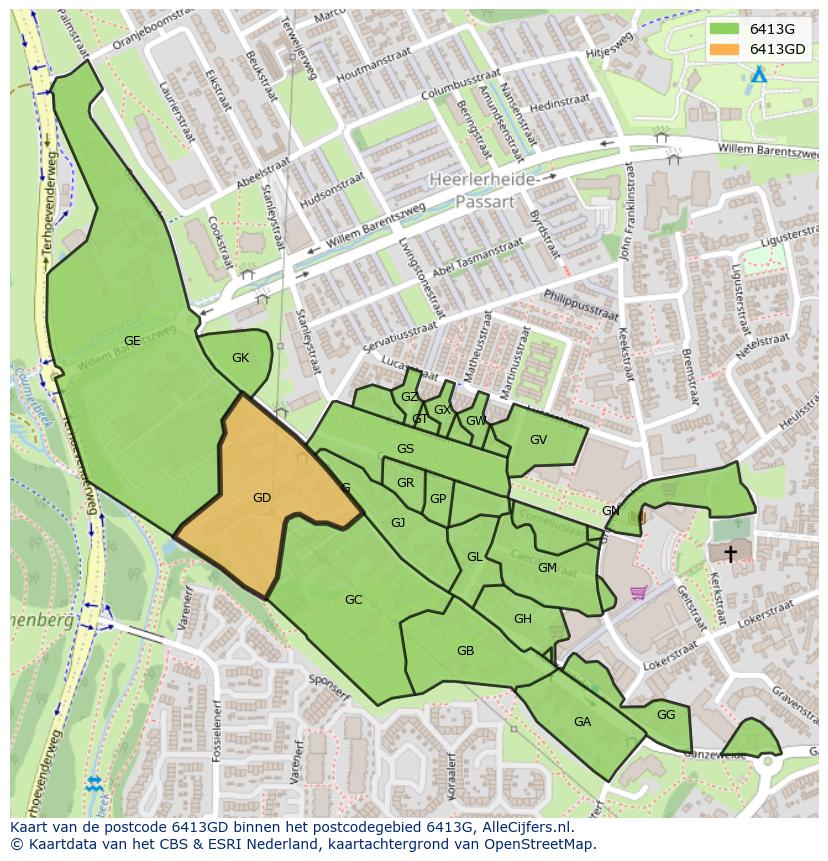 Afbeelding van het postcodegebied 6413 GD op de kaart.