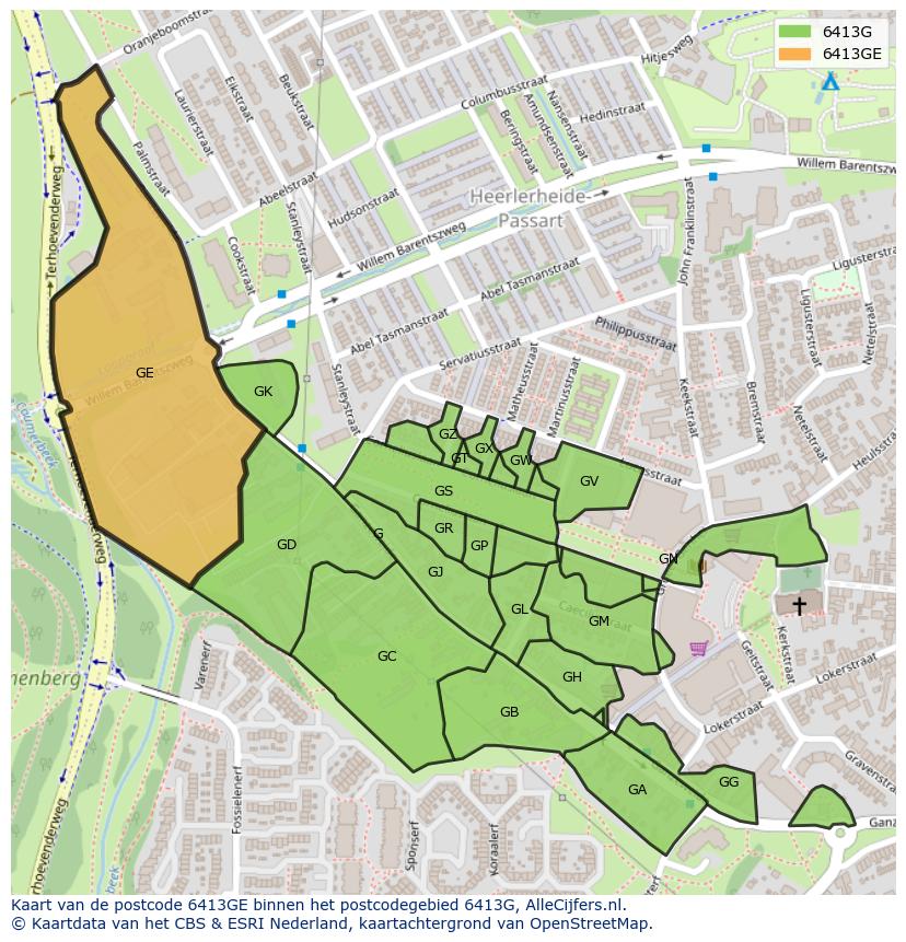 Afbeelding van het postcodegebied 6413 GE op de kaart.