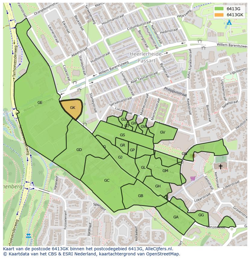 Afbeelding van het postcodegebied 6413 GK op de kaart.