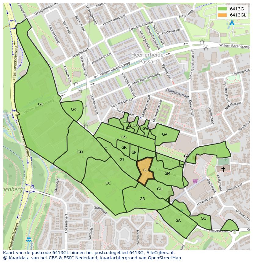 Afbeelding van het postcodegebied 6413 GL op de kaart.