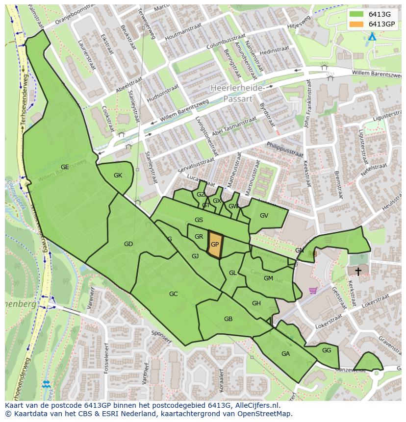 Afbeelding van het postcodegebied 6413 GP op de kaart.
