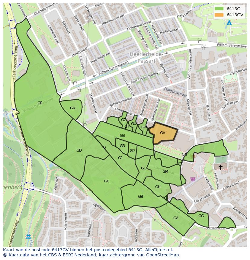 Afbeelding van het postcodegebied 6413 GV op de kaart.