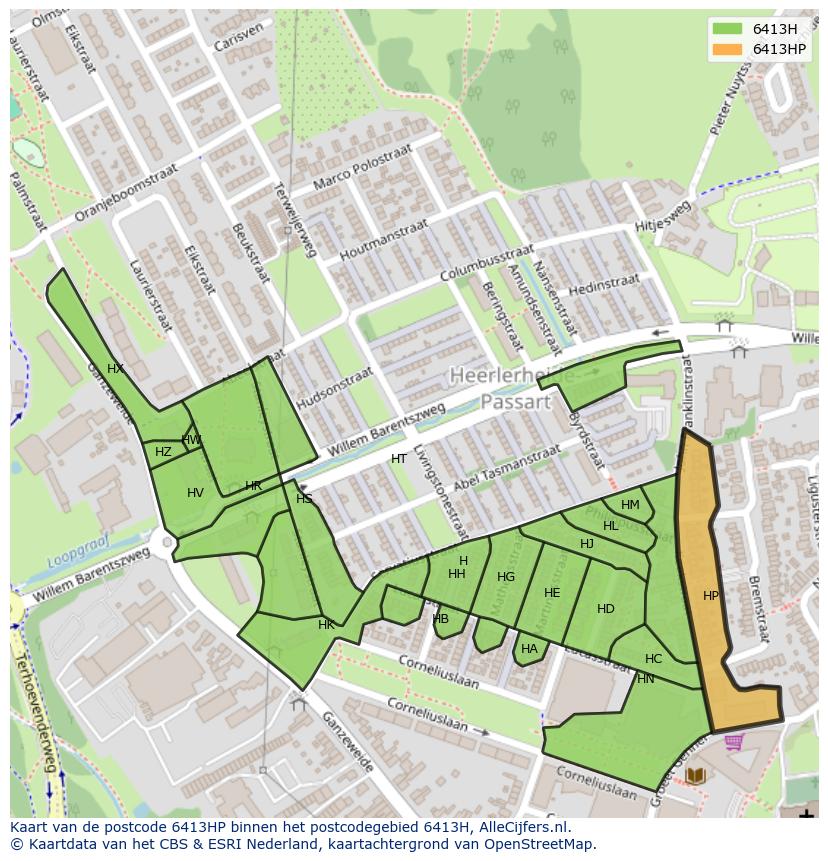 Afbeelding van het postcodegebied 6413 HP op de kaart.