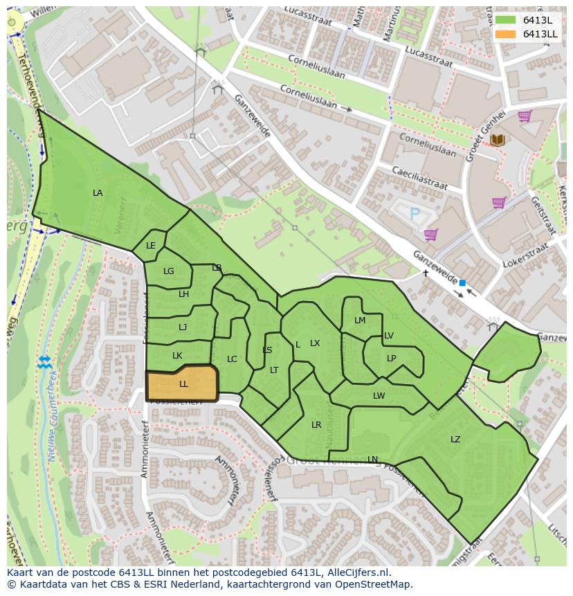 Afbeelding van het postcodegebied 6413 LL op de kaart.