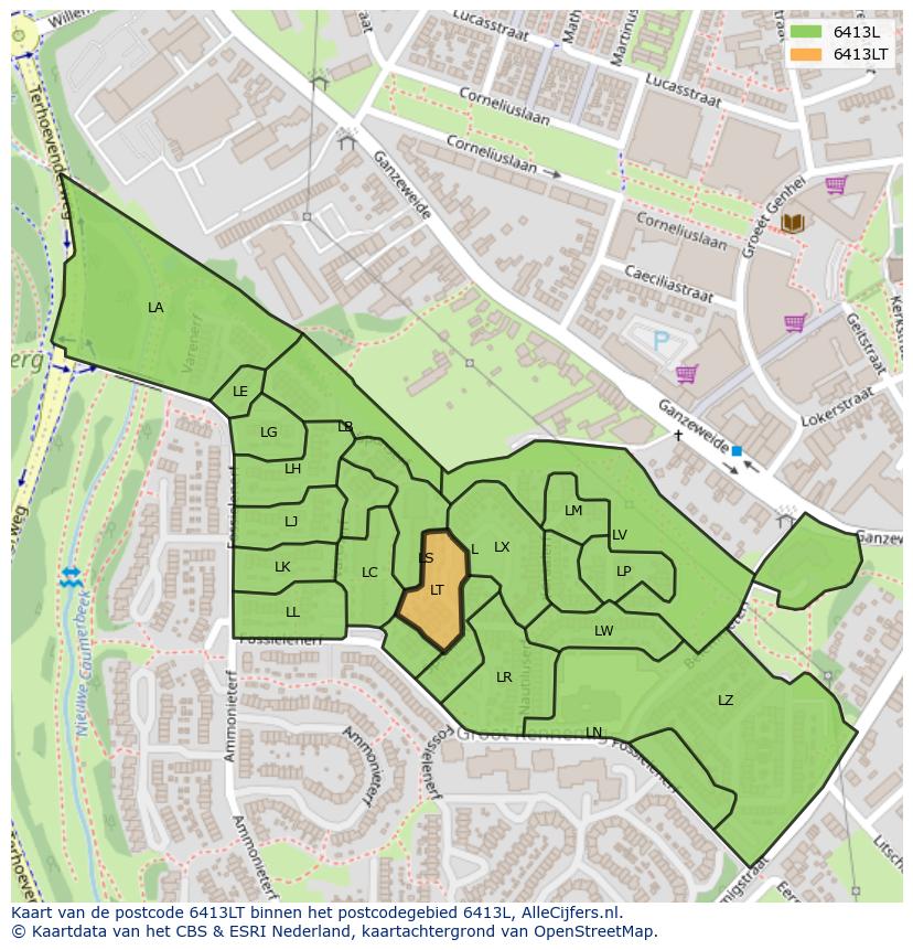 Afbeelding van het postcodegebied 6413 LT op de kaart.