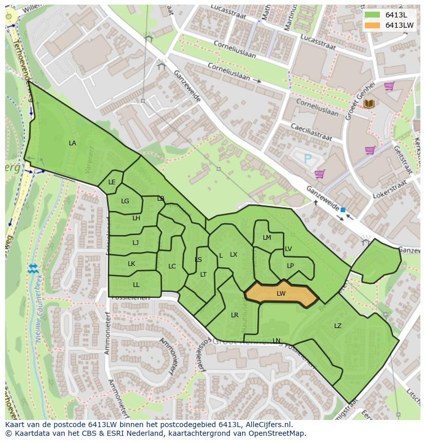 Afbeelding van het postcodegebied 6413 LW op de kaart.