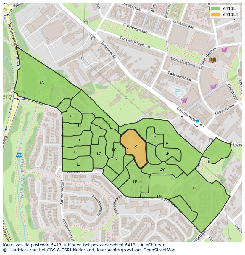 Afbeelding van het postcodegebied 6413 LX op de kaart.