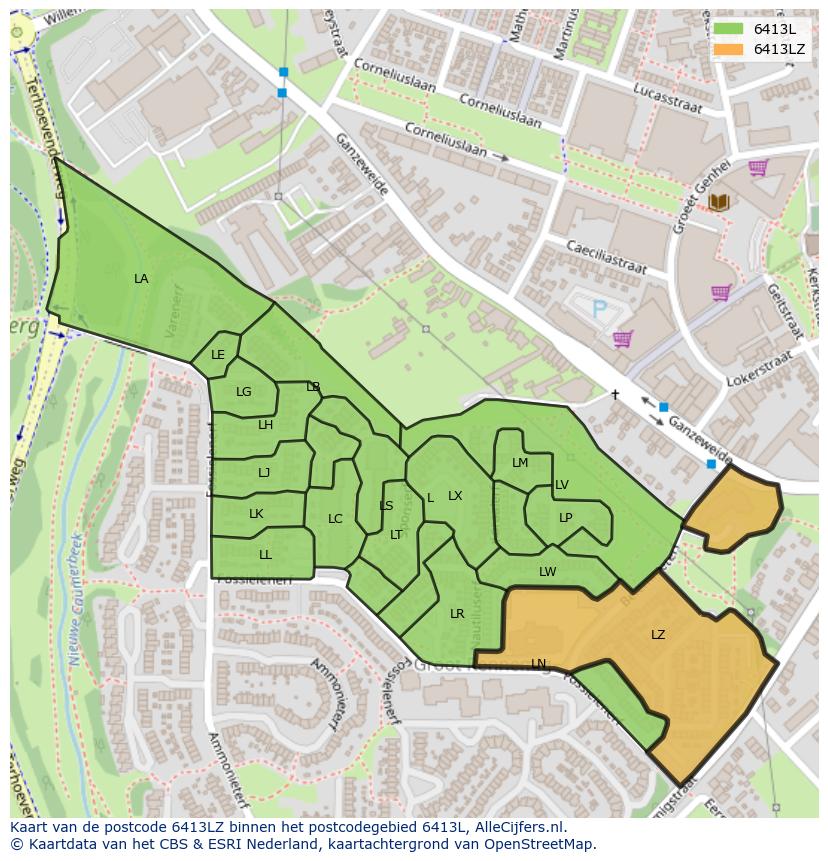Afbeelding van het postcodegebied 6413 LZ op de kaart.
