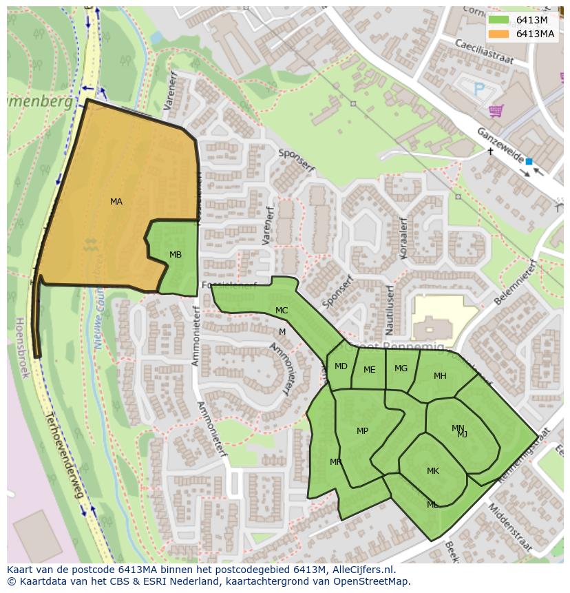 Afbeelding van het postcodegebied 6413 MA op de kaart.
