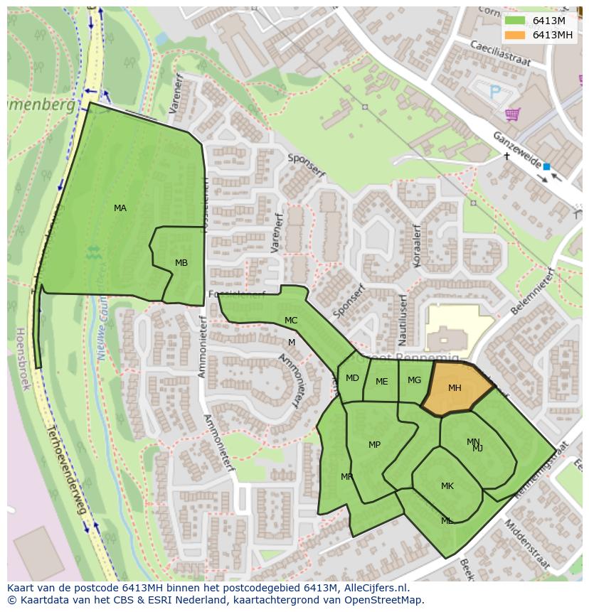 Afbeelding van het postcodegebied 6413 MH op de kaart.