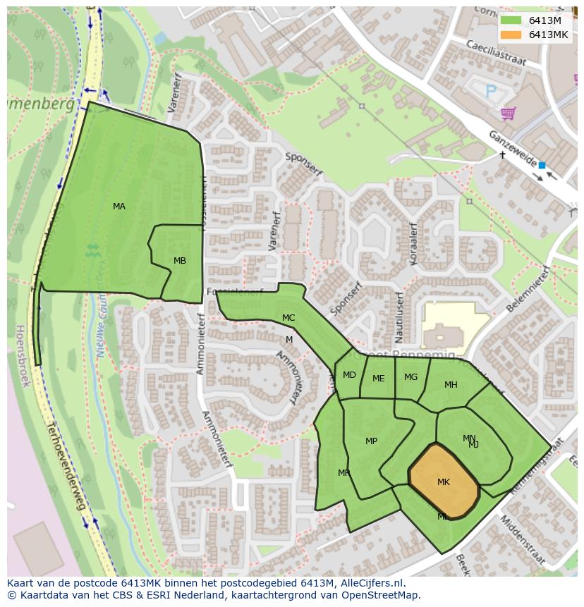 Afbeelding van het postcodegebied 6413 MK op de kaart.
