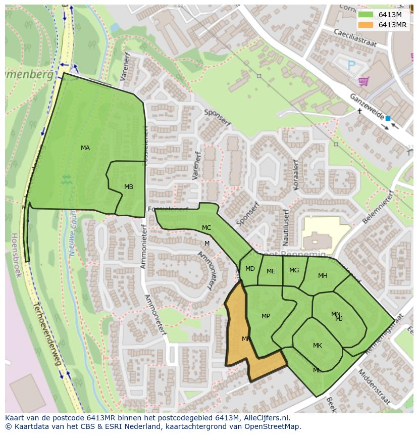 Afbeelding van het postcodegebied 6413 MR op de kaart.