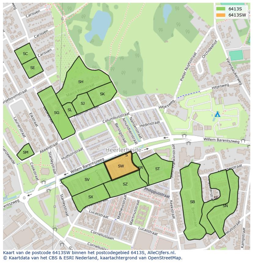 Afbeelding van het postcodegebied 6413 SW op de kaart.